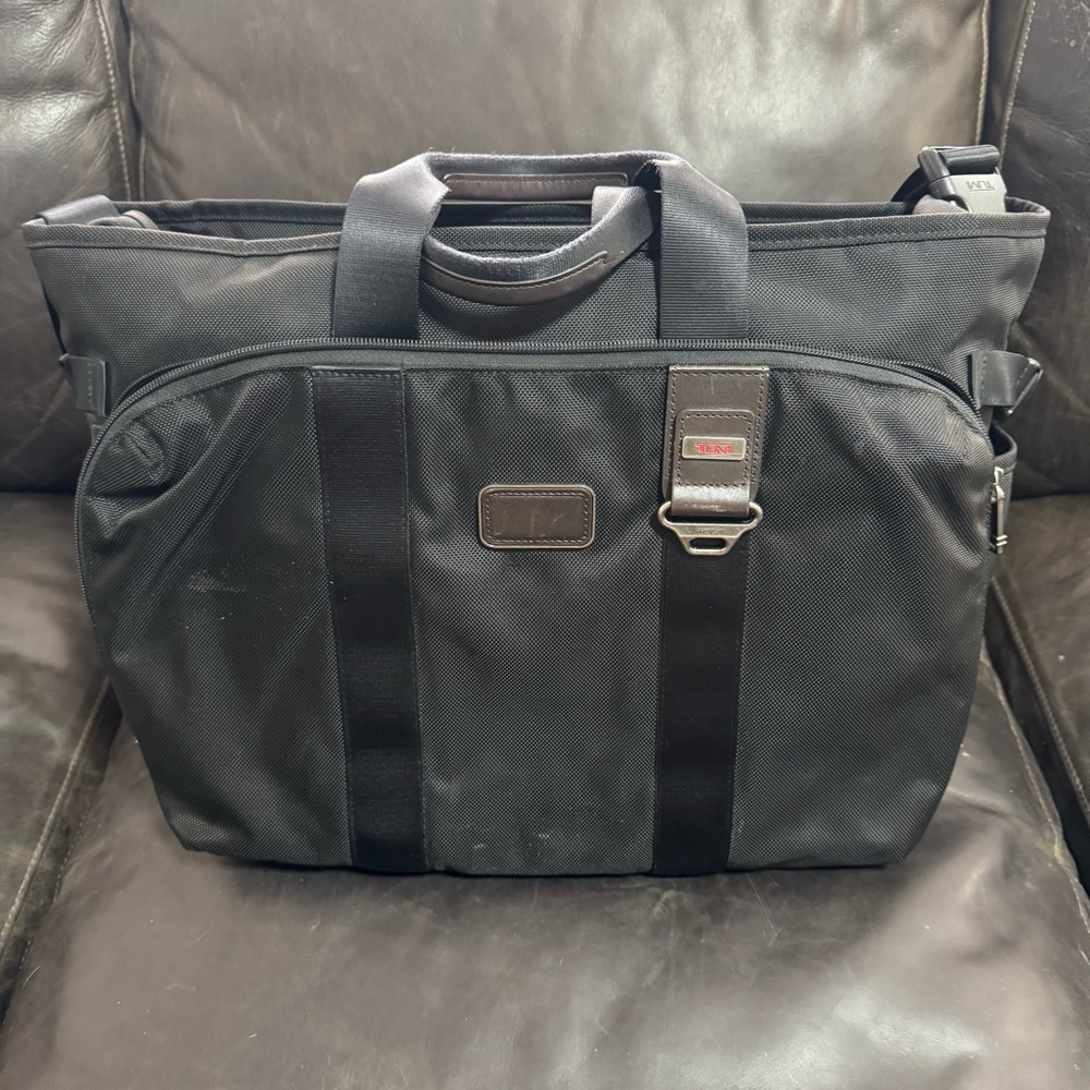 Tumi Black Nylon Travel Briefcase Tote with Leather Trim